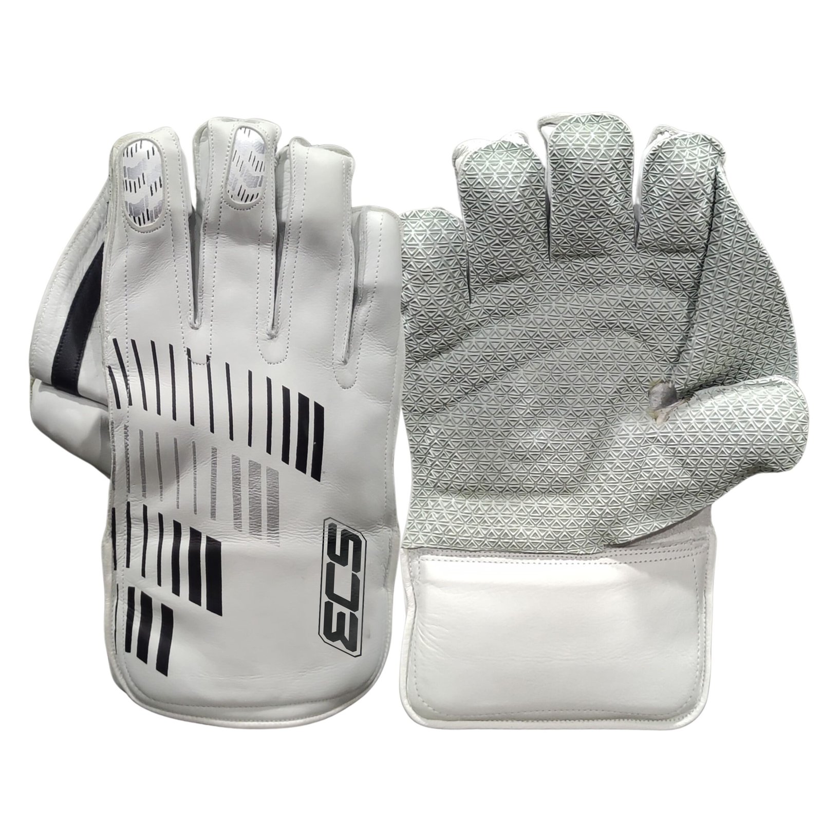 ECS Elite Wicket Keeping Gloves + 2 FREE Inner Gloves – White & Black | Match Standard Cricket Keeper Gloves Set